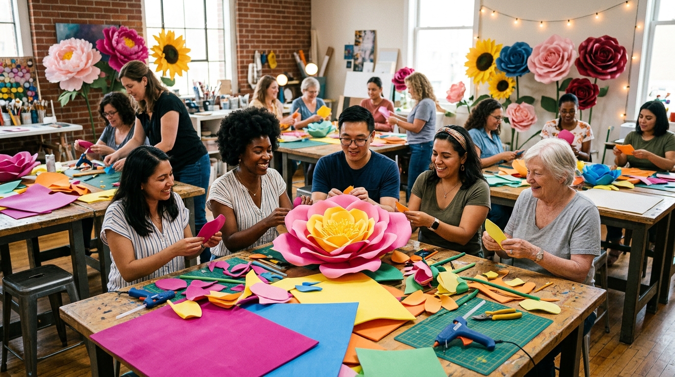 DIY workshop with people building giant foam flower wall kits, hands assembling petals