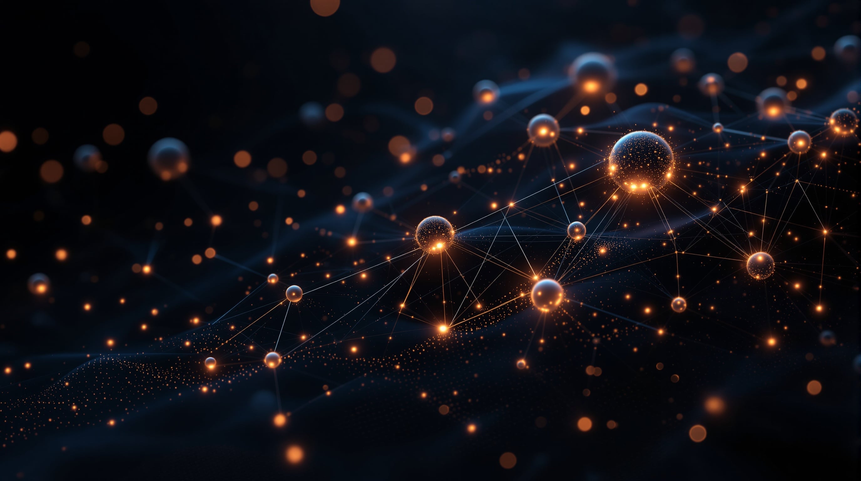 Futuristische Visualisierung verbundener KI-Agenten-Knoten in einem eleganten Netzwerk