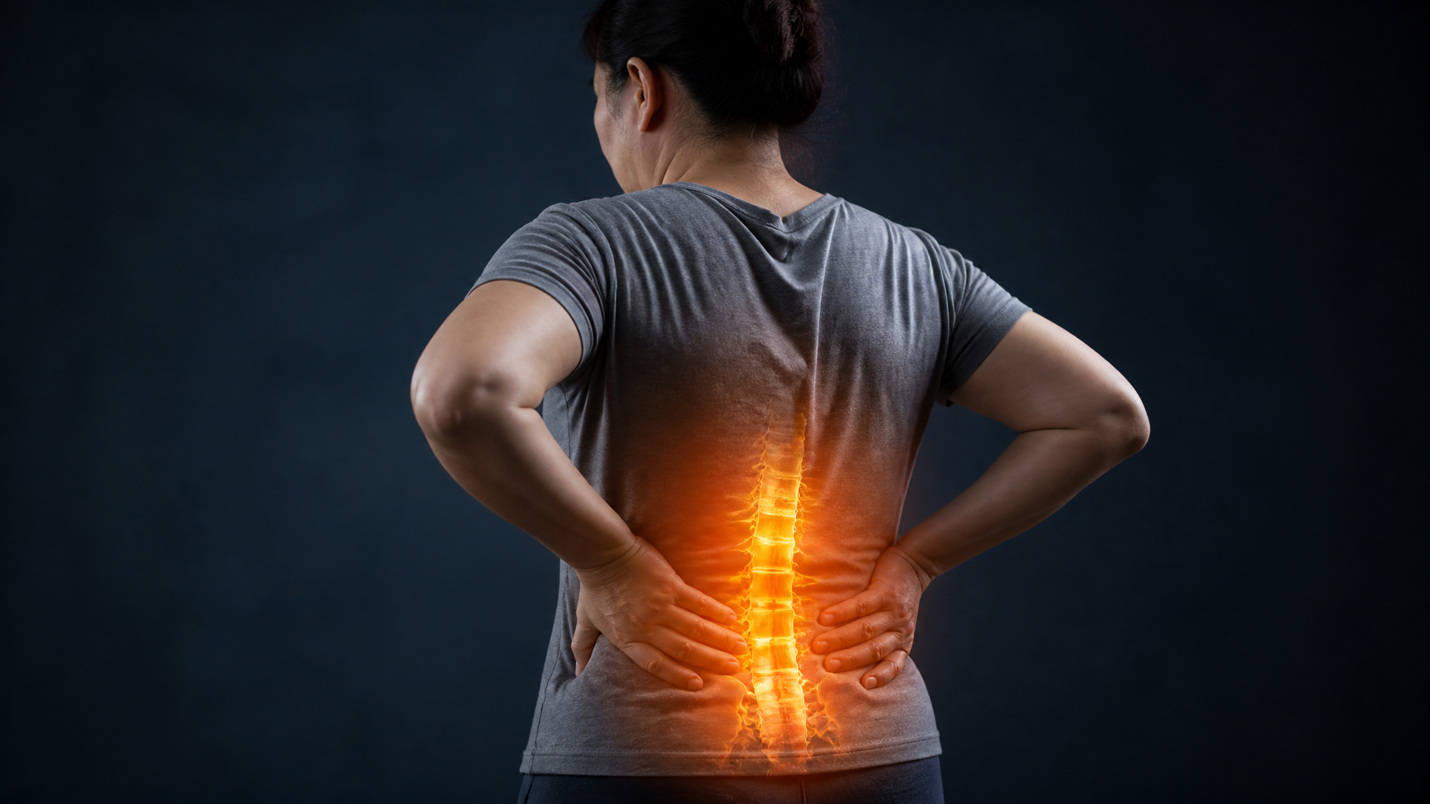 A veteran experiencing Spinal Stenosis, with the affected spine highlighted