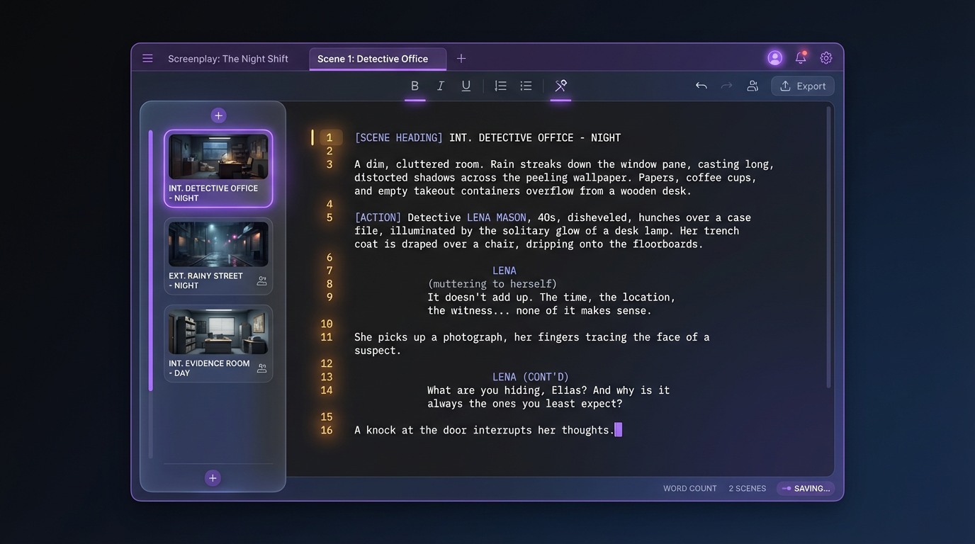 Scriptly Studio screenplay editor interface showing formatted screenplay with scene headings, action lines, and dialogue