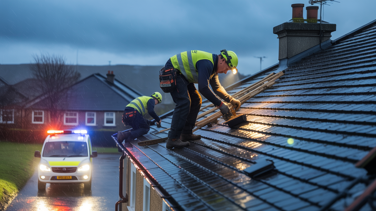 Emergency roofing repair work during stormy weather
