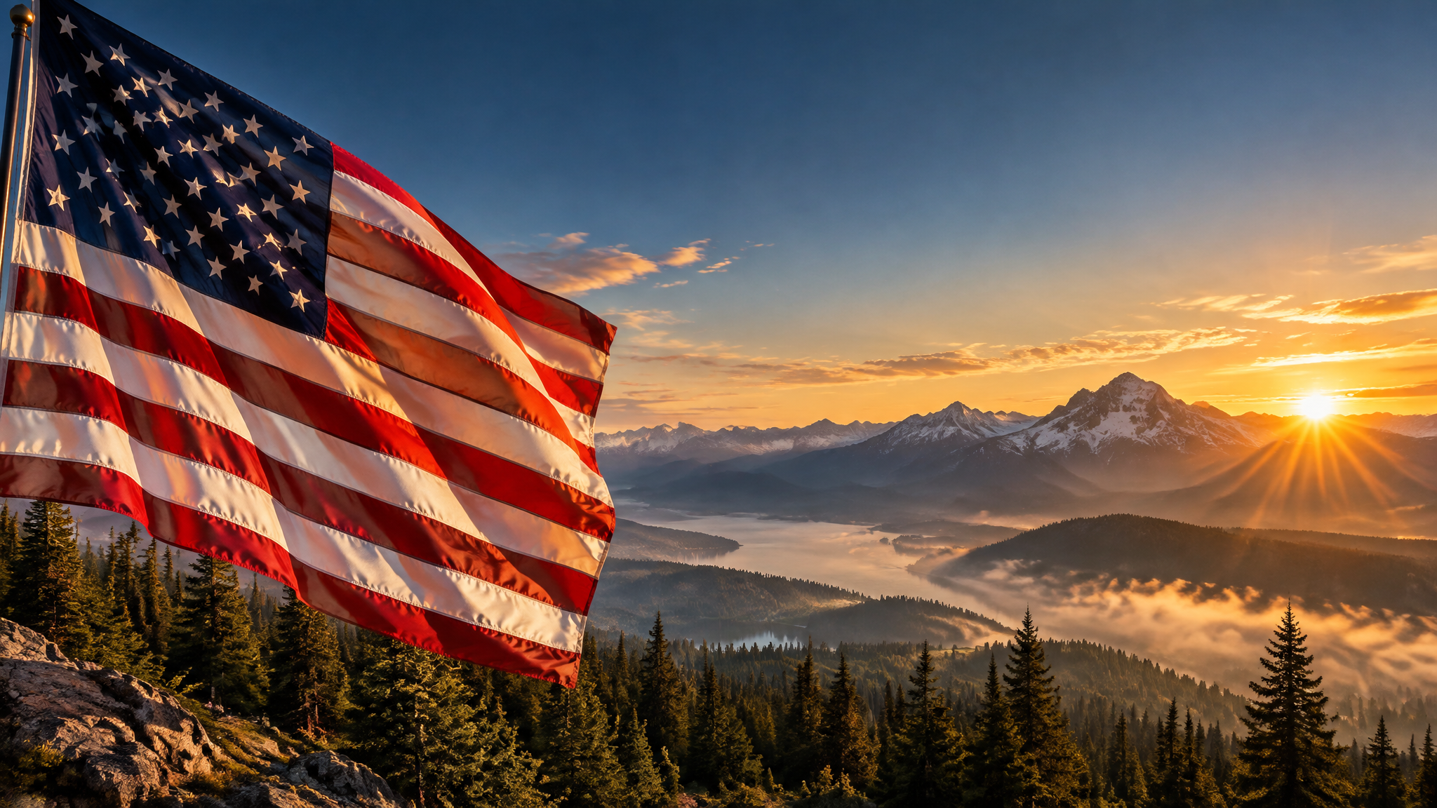 American flag with mountain sunrise landscape