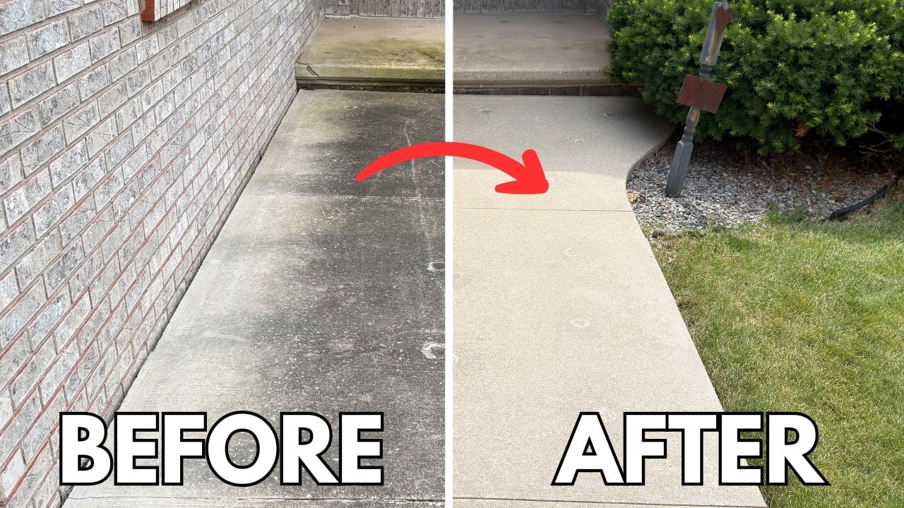 Pressure washing concrete driveway showing clean results