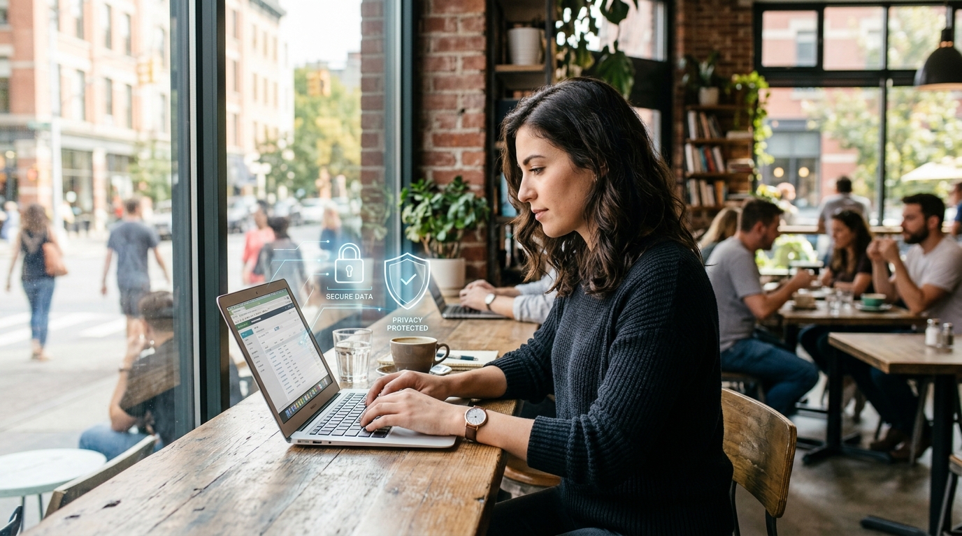 Person using a laptop securely at a cafe with digital privacy shield elements