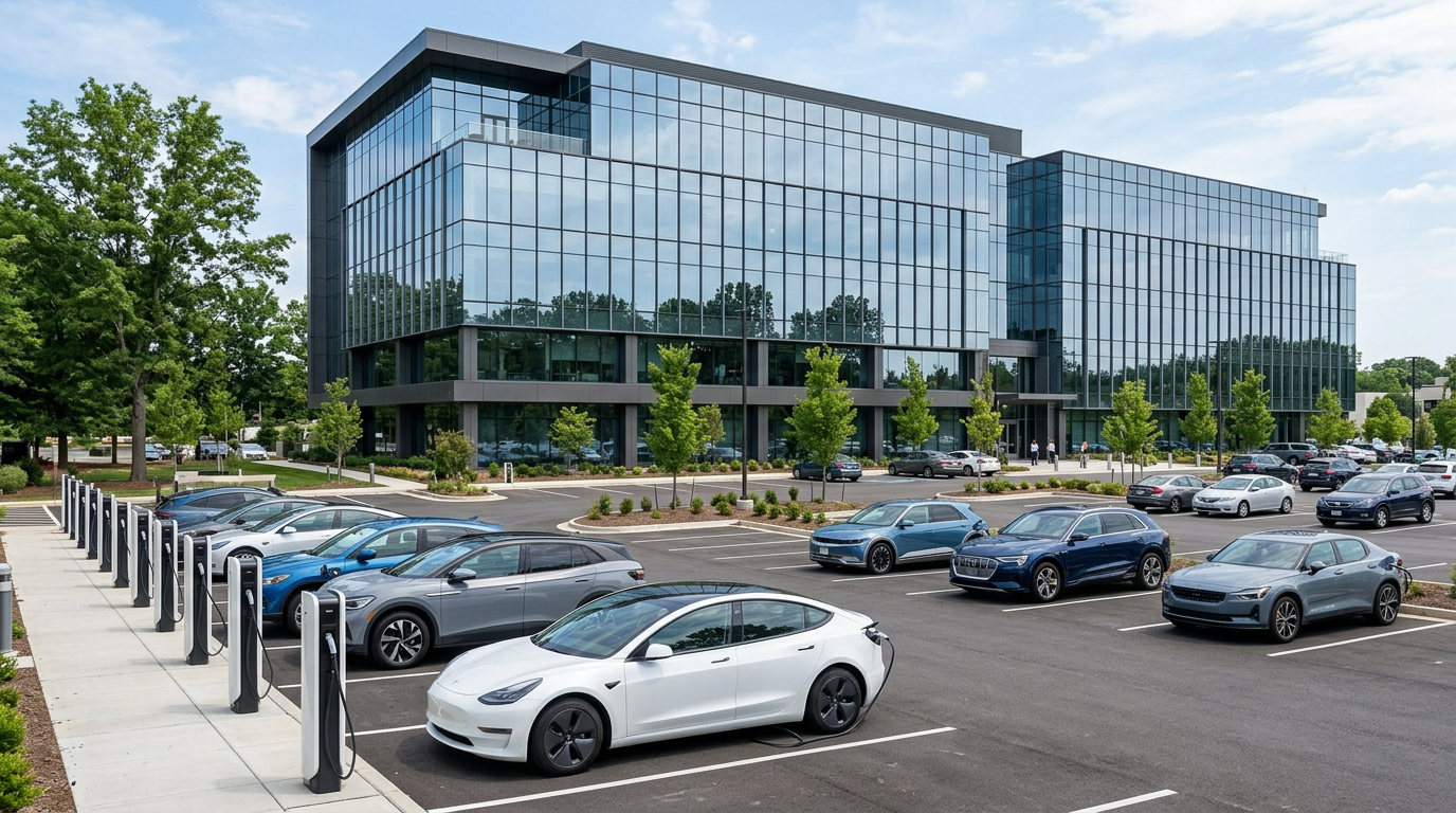 Commercial parking lot with a row of EV charging stations