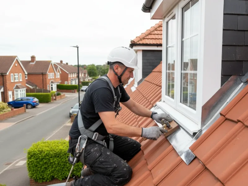 Professional roofer at work on a residential property