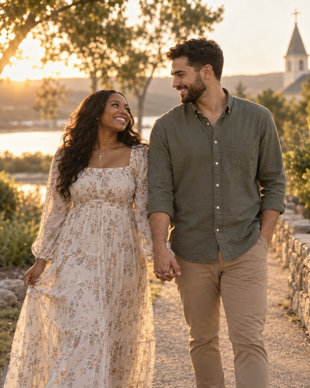 A couple walking together in golden light