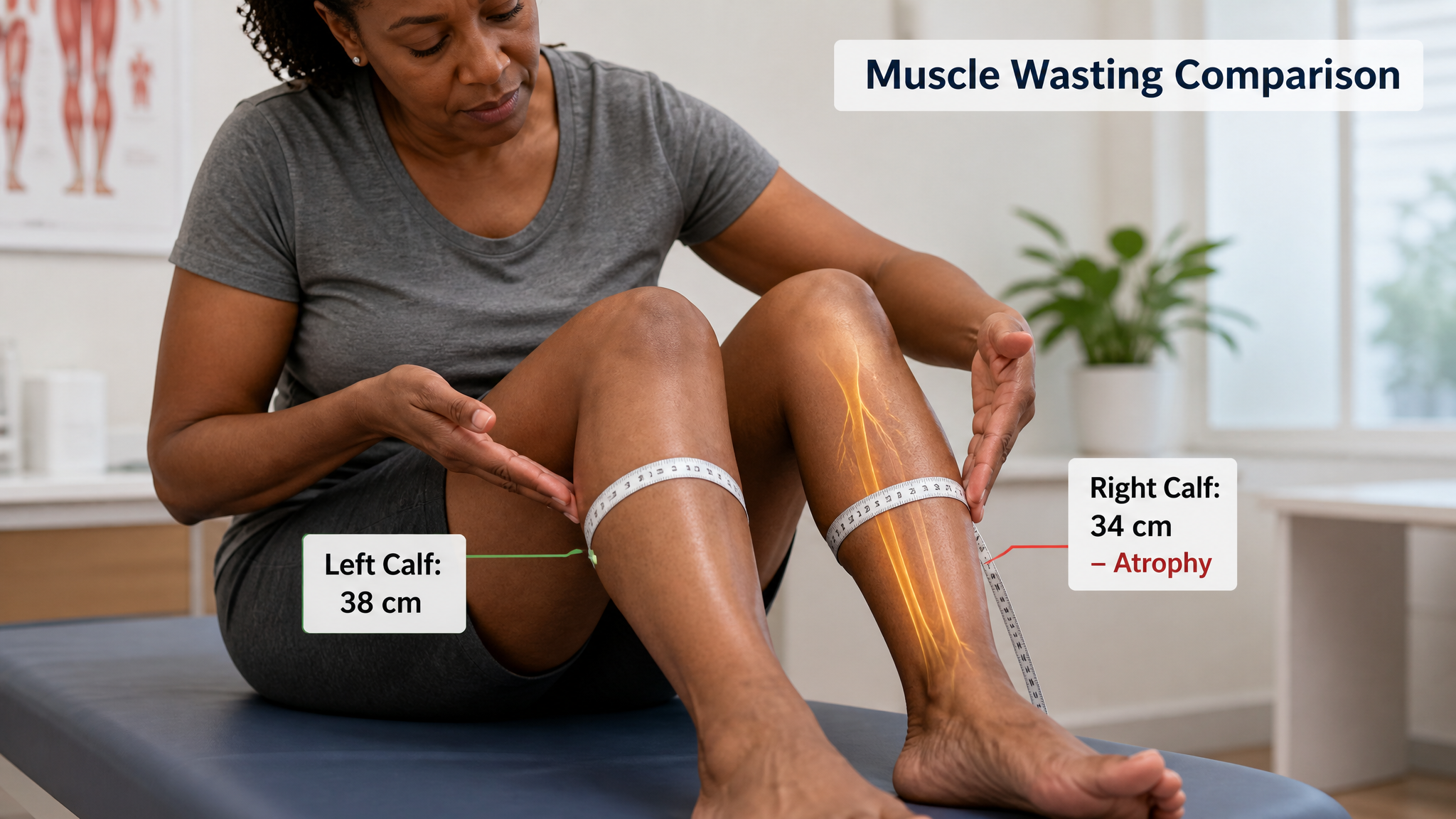 Black woman comparing her two calves, one visibly smaller from muscle atrophy, a tape measure and comparison labels showing the difference
