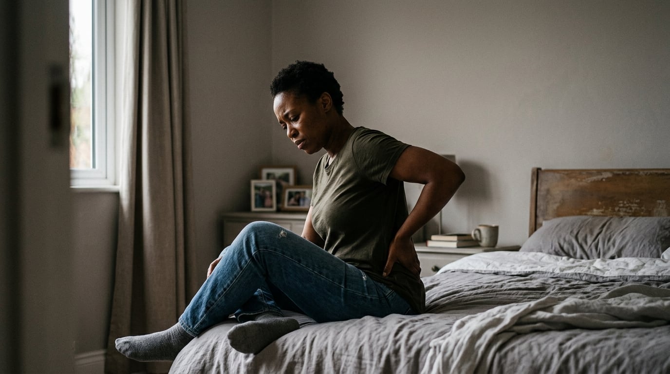 A woman veteran at home with her hand pressed to her lower back in chronic pain