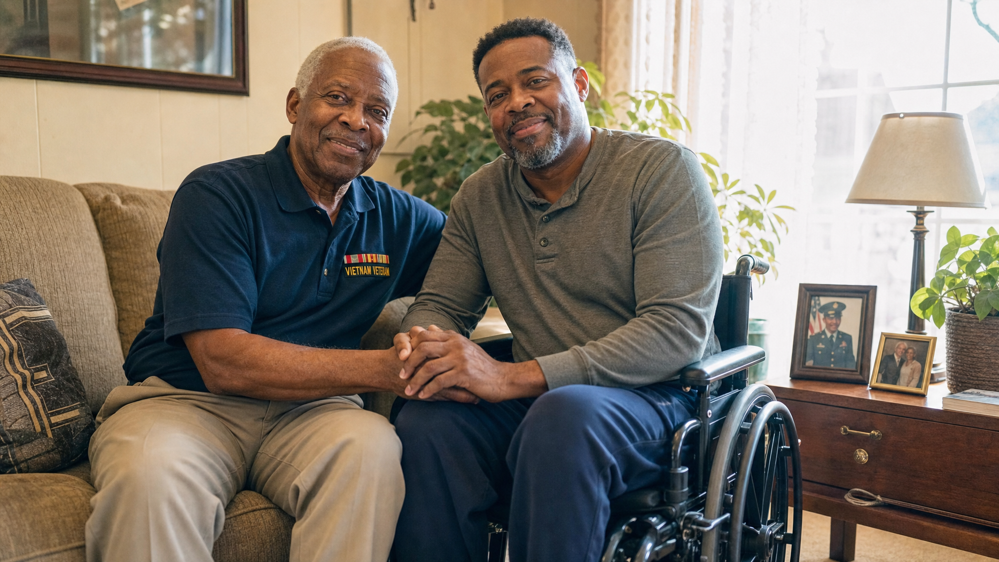 A Black Vietnam-era veteran father sitting with his adult son who uses a wheelchair, discussing spina bifida care benefits