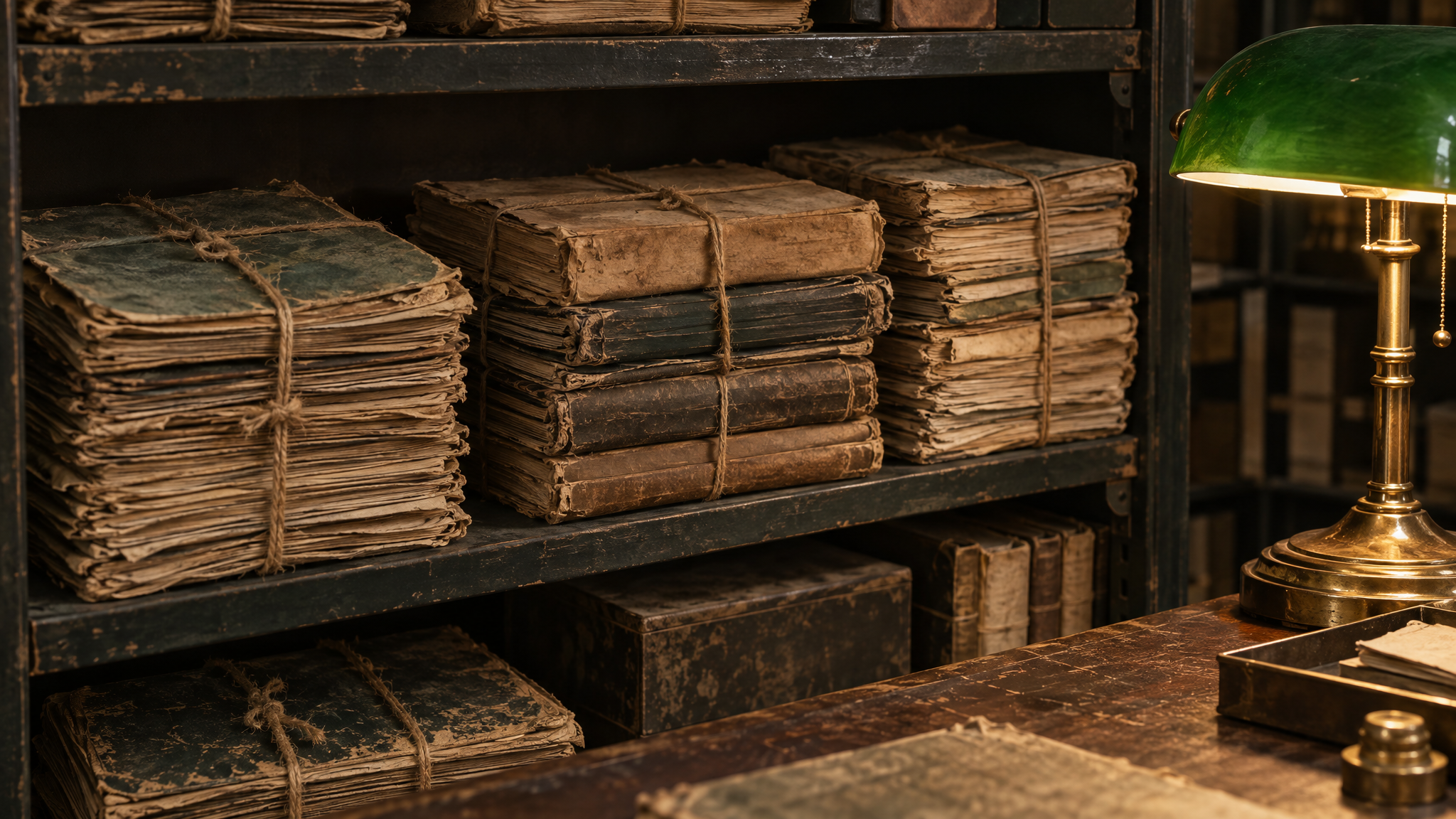 Bundled old journals tied with string beside a brass lamp