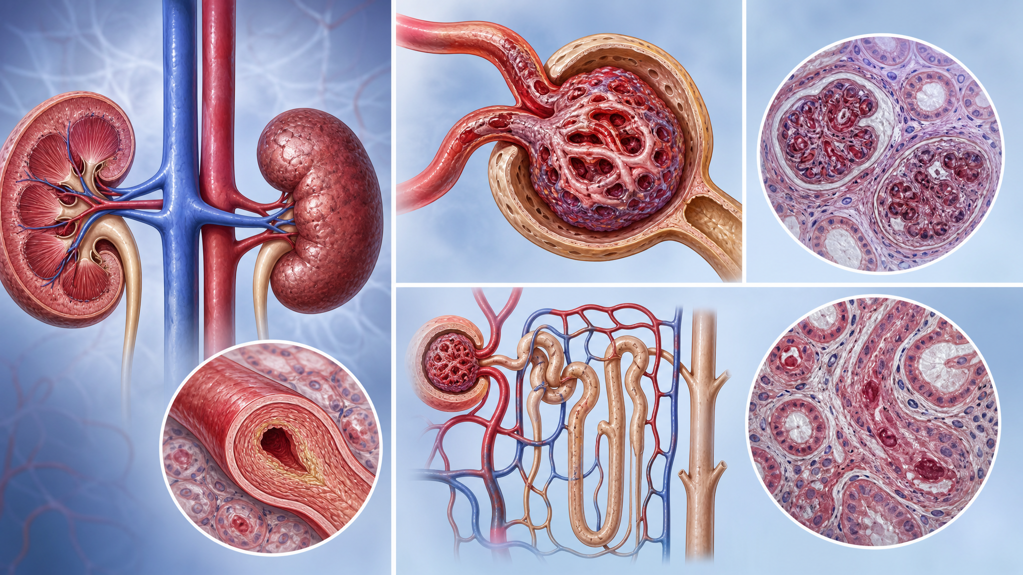 Medical illustration showing kidney damage from diabetes and hypertension, damaged glomeruli and narrowed renal blood vessels