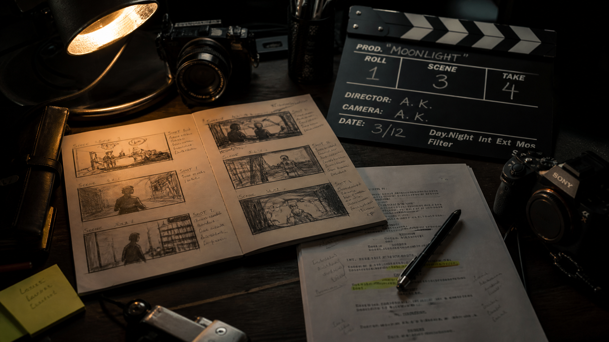 Filmmaking storyboard sketches and clapperboard on a production desk