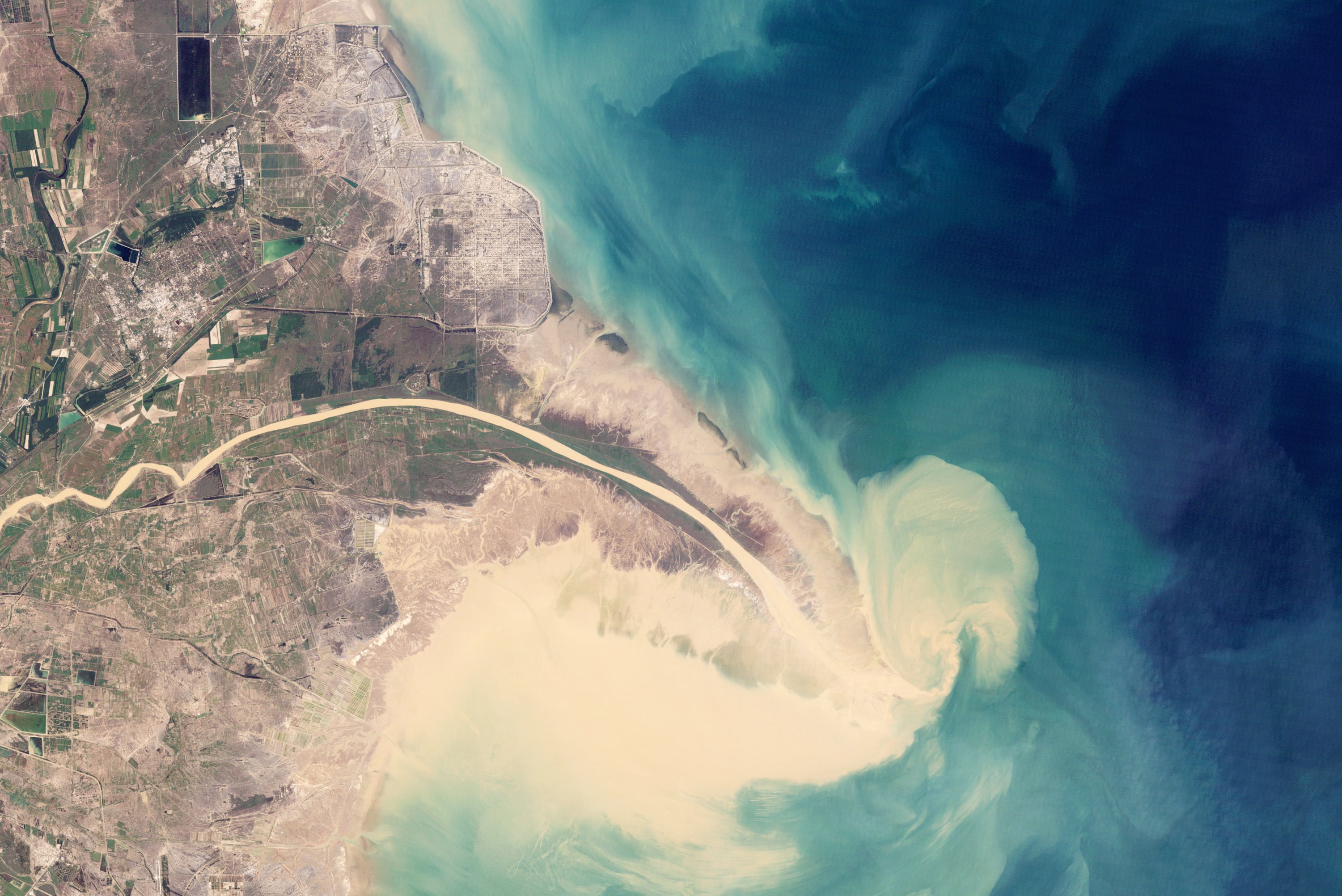 An aerial view of a wide river delta fanning into the sea