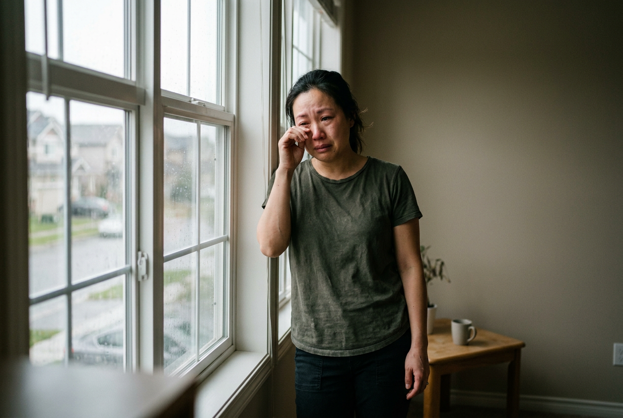 An Asian woman veteran by a window wiping her eye in distress