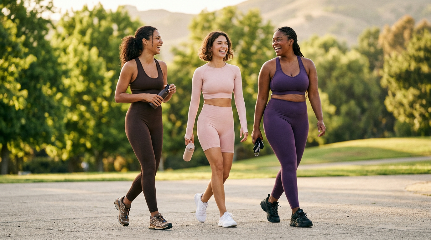 Three women in FAE espresso, blush and purple sets walking and laughing together