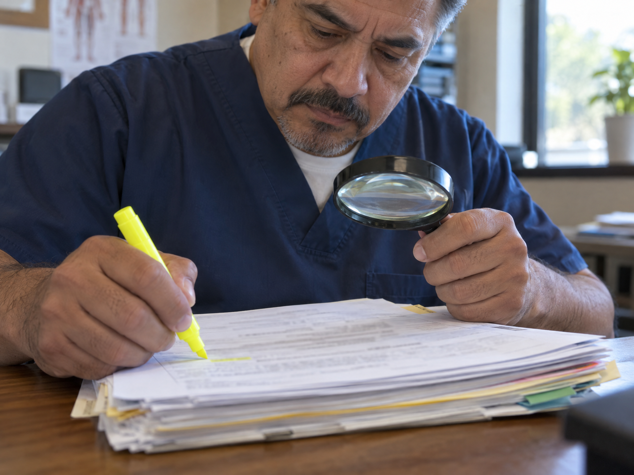 Reviewer highlighting medical records under a magnifying glass
