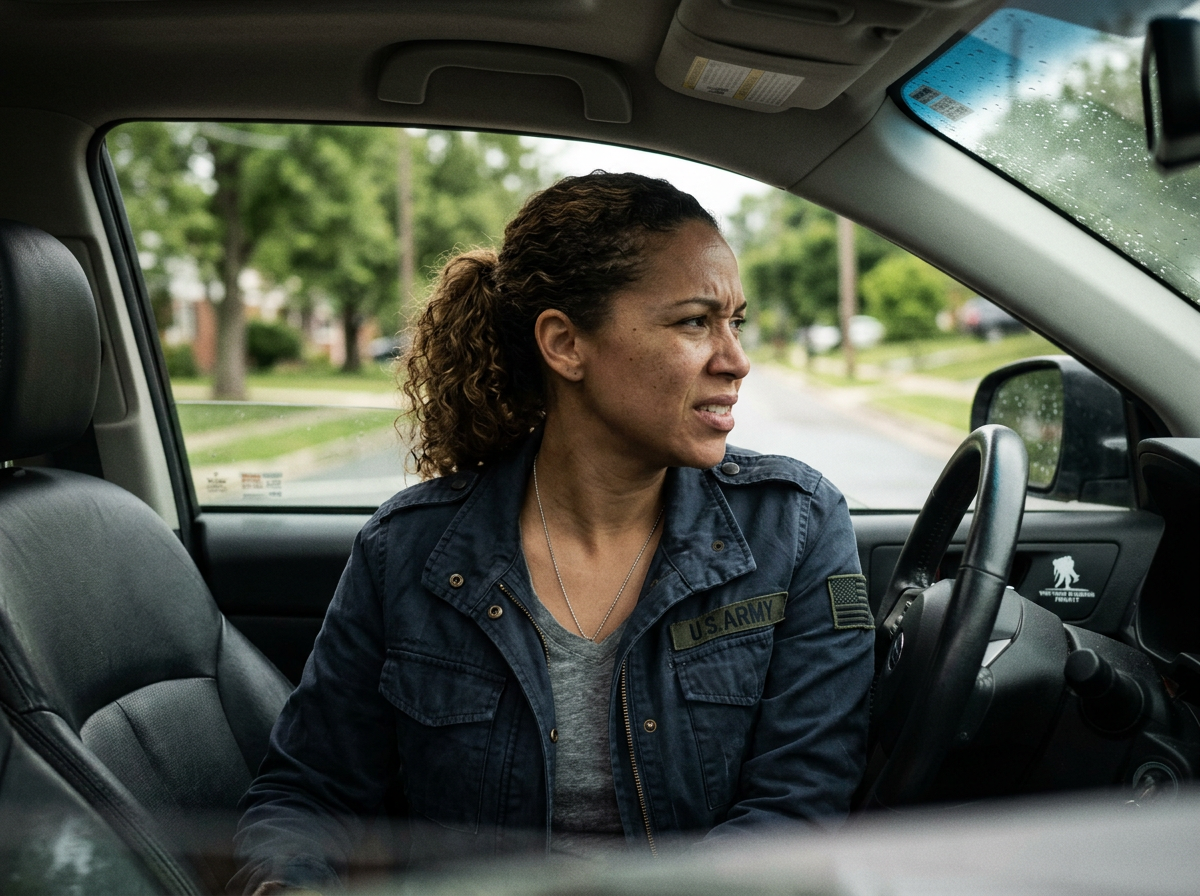 A veteran in a car struggling to turn her head and torso, showing the restricted spinal rotation of ankylosing spondylitis
