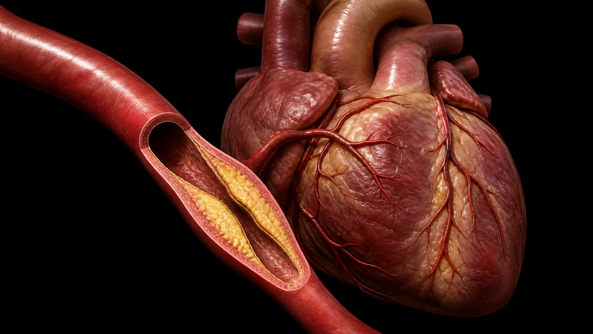 Three-dimensional medical illustration of a human heart showing coronary arteries with atherosclerotic plaque buildup narrowing the vessel against a black background