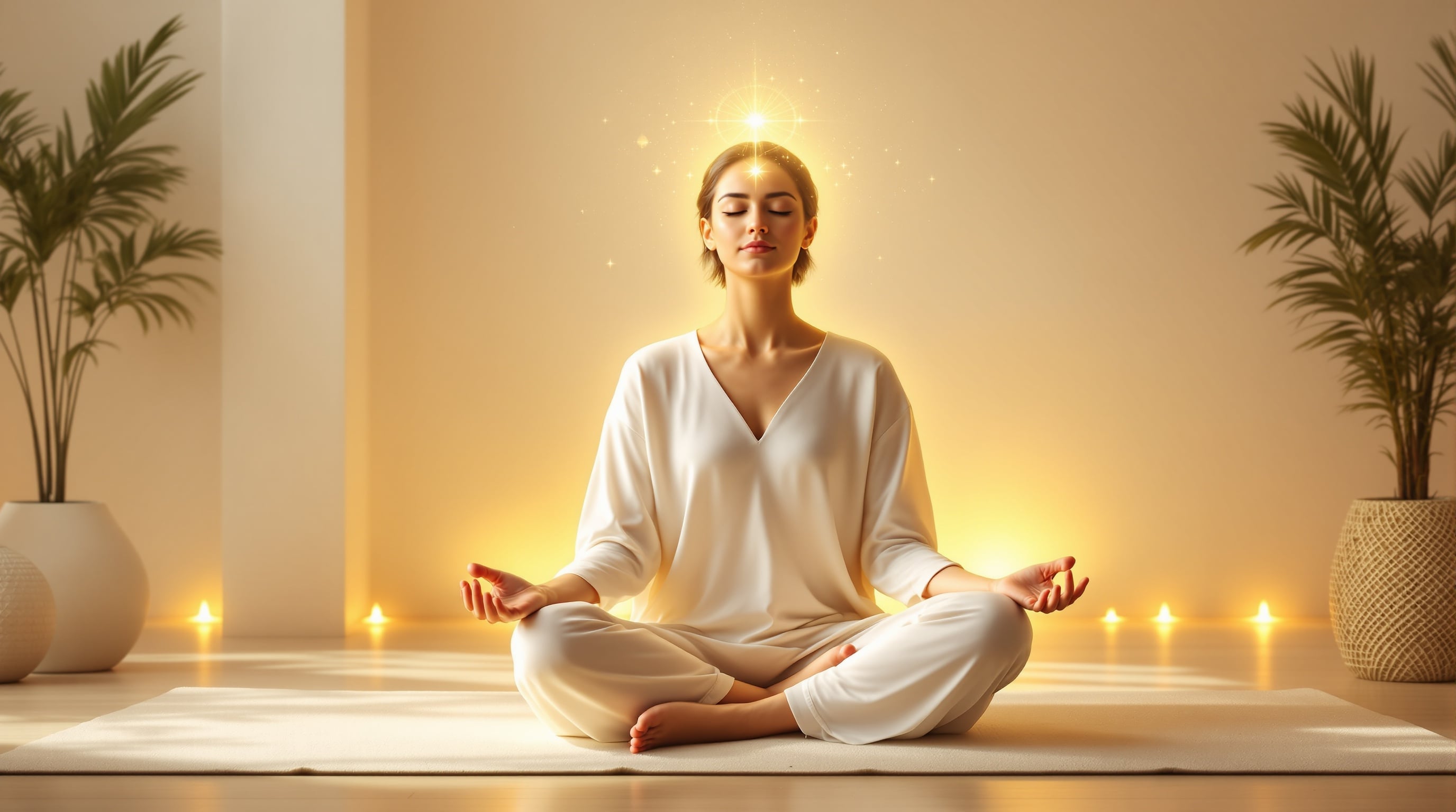 Žena meditira u mirnom prostoru sa svetlom iznad glave, simbol buđenja intuicije i unutrašnjeg znanja