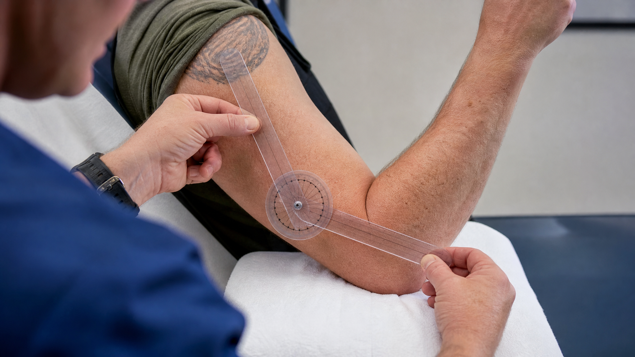 Close-up of a clinician placing a goniometer on a veteran elbow joint to measure the flexion angle on a clinical examination table