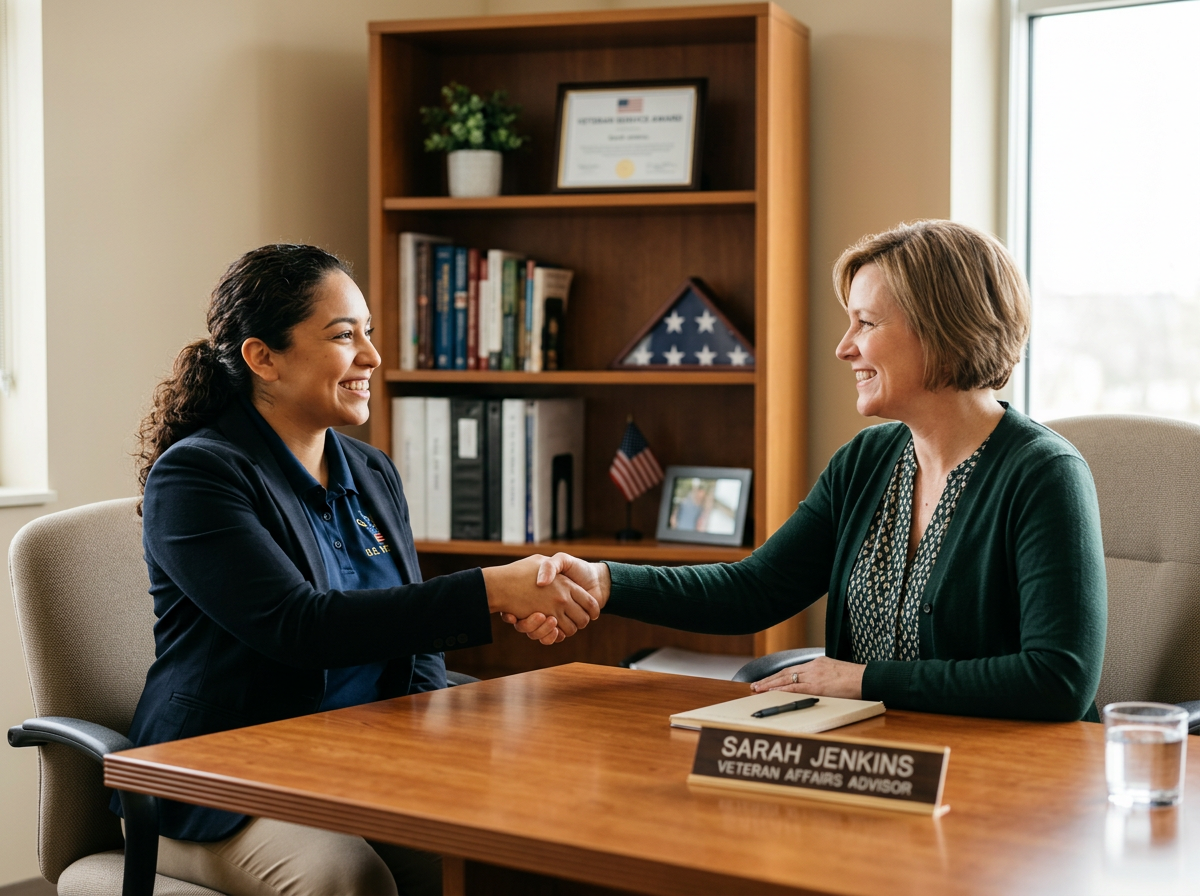 Woman veteran meeting with a friendly accredited advisor across a table