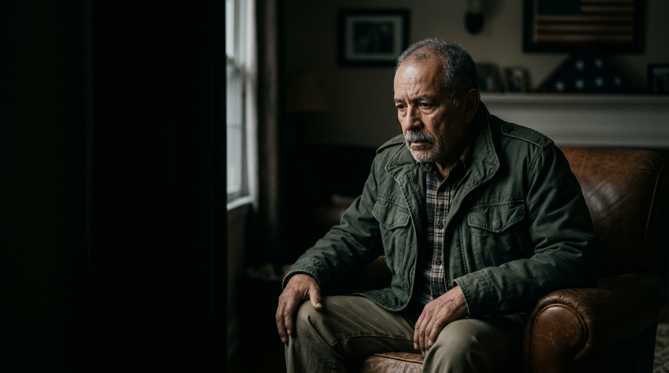 An older male military veteran seated in a dim living room, leaning forward with a concerned, contemplative expression, in dark cinematic light