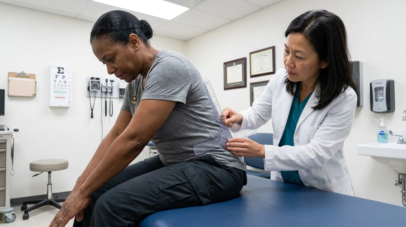 A clinician measuring a woman veteran’s spinal range of motion