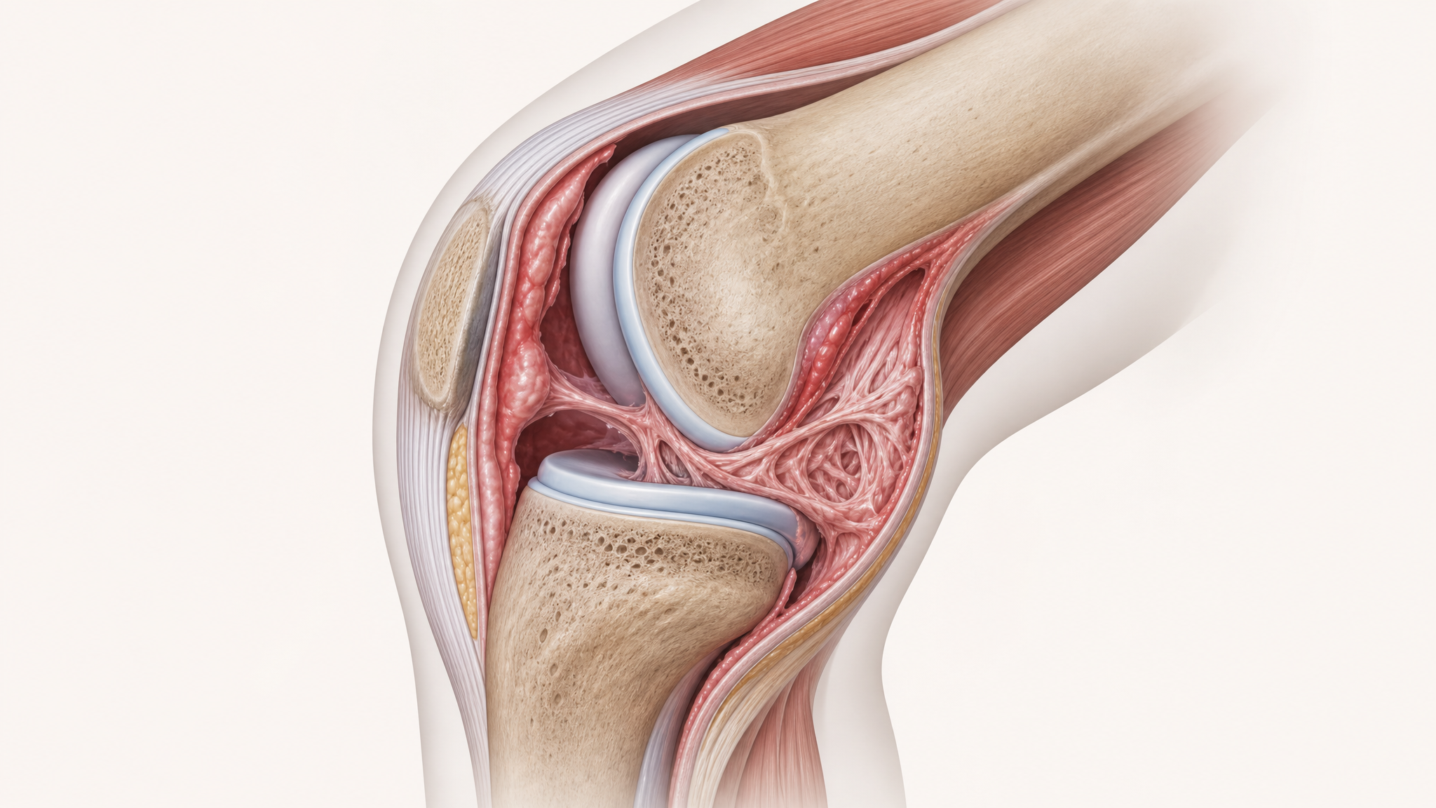 Medical illustration of a knee joint cross-section showing inflamed joint capsule and scar tissue restricting motion