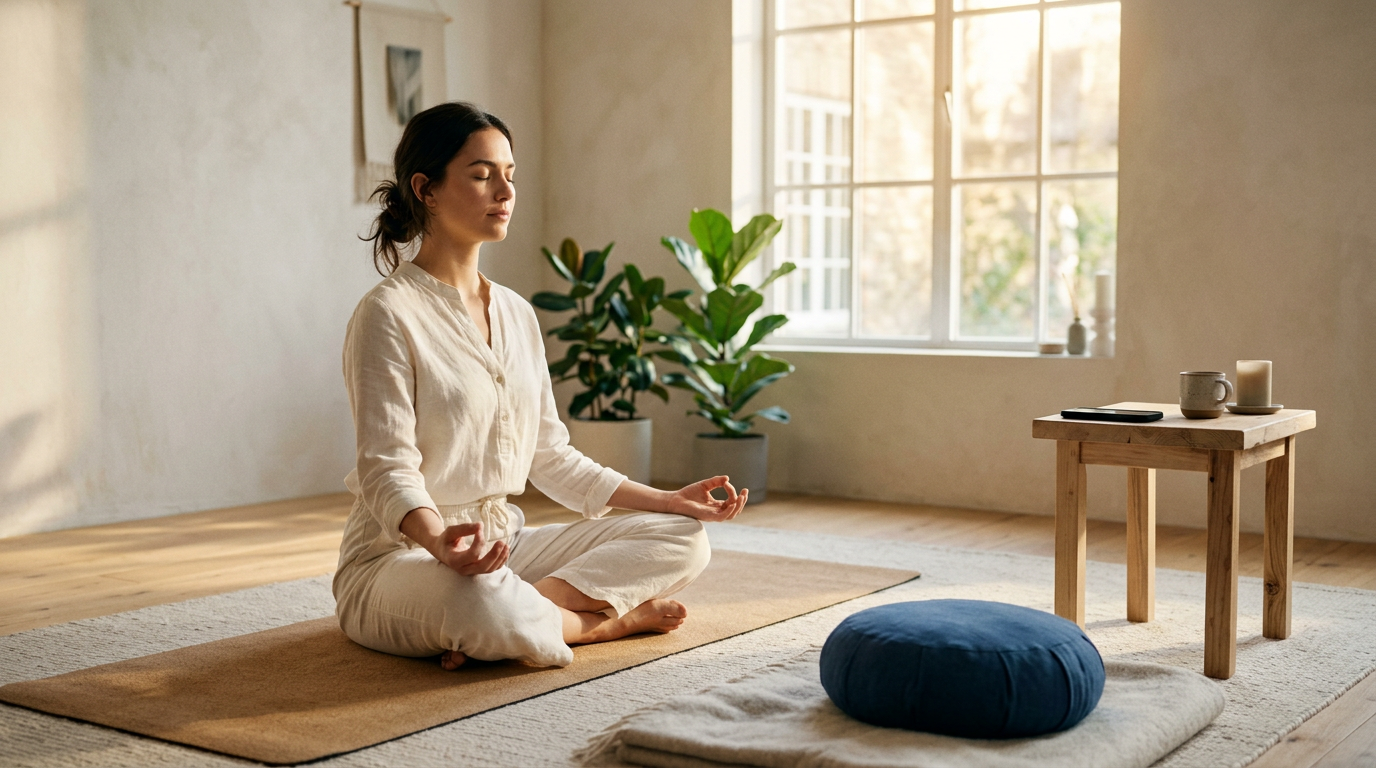 Pessoa meditando pacificamente com celular ignorado sobre a mesa ao lado