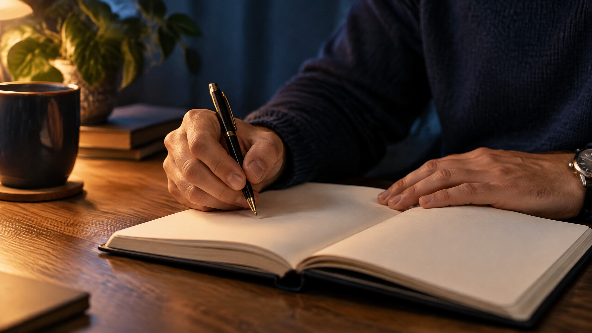 Close de mãos sobre caderno aberto com caneta, preparação para escrever e planejar