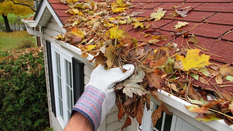 Blocked gutter overflowing with leaves and debris