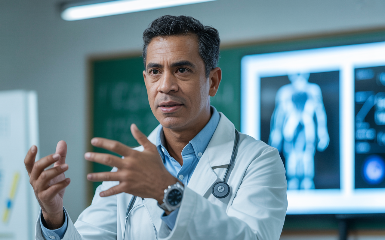 Médico ministrando aula prática