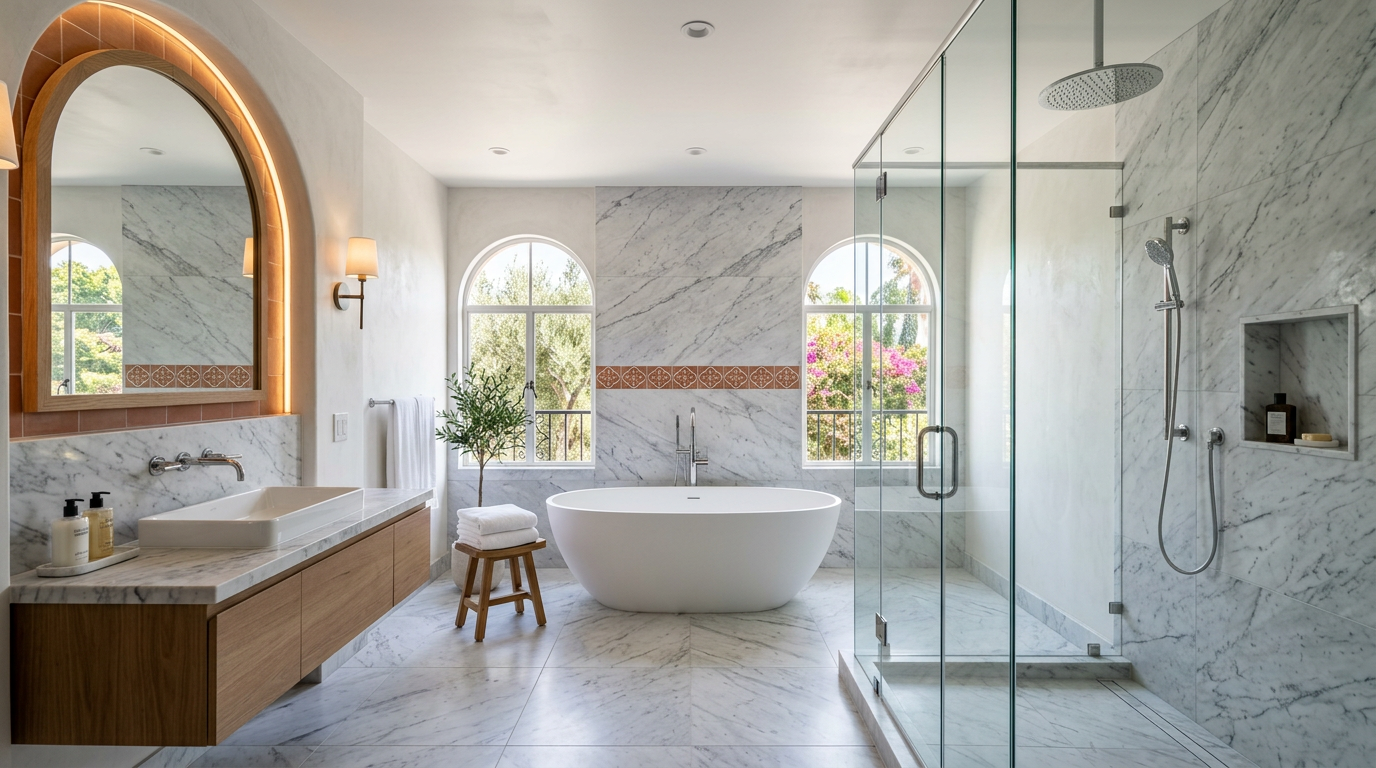 Reforma de baño de lujo con azulejos de mármol