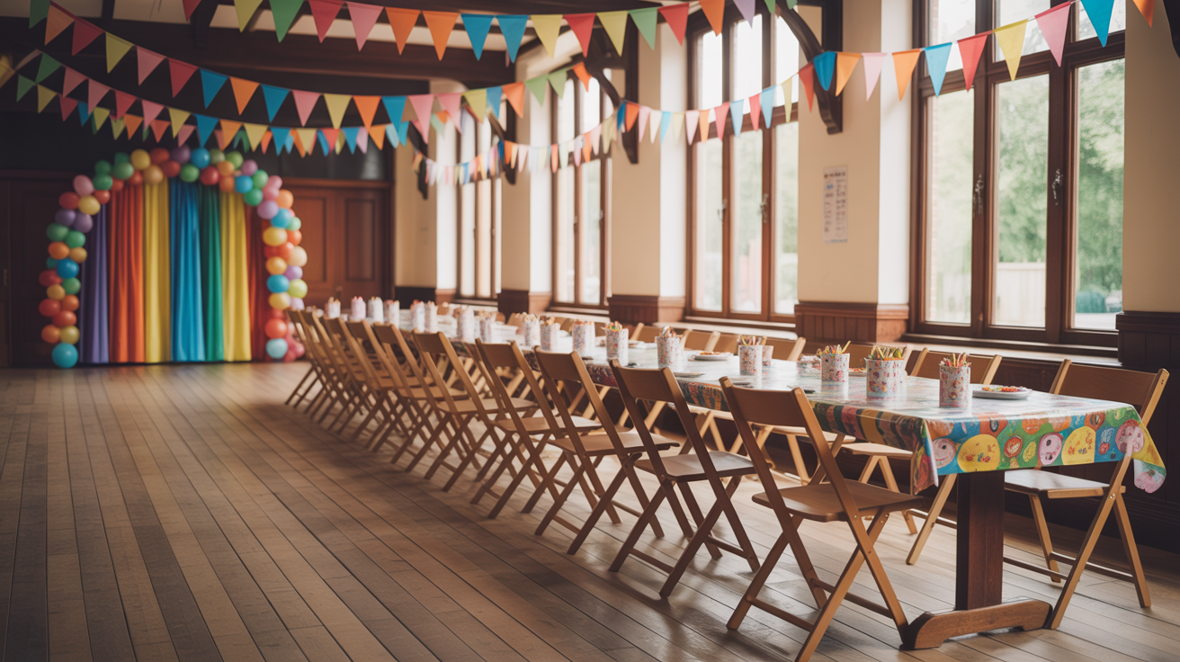 Bright British village hall interior decorated for a children's birthday party with balloon arch and bunting