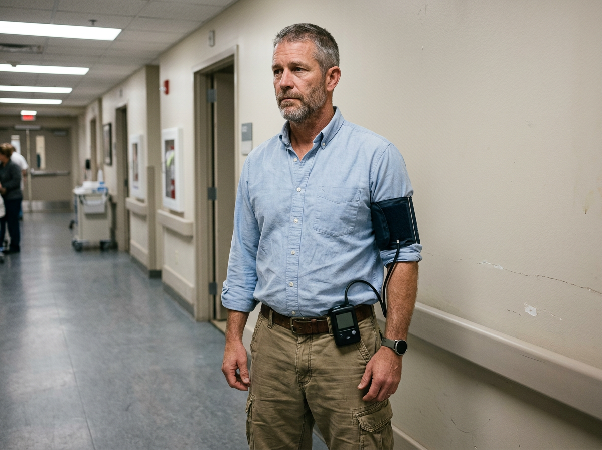 Male veteran wearing a 24-hour ambulatory blood pressure monitor with the cuff on his arm and the recording device clipped to his belt at home