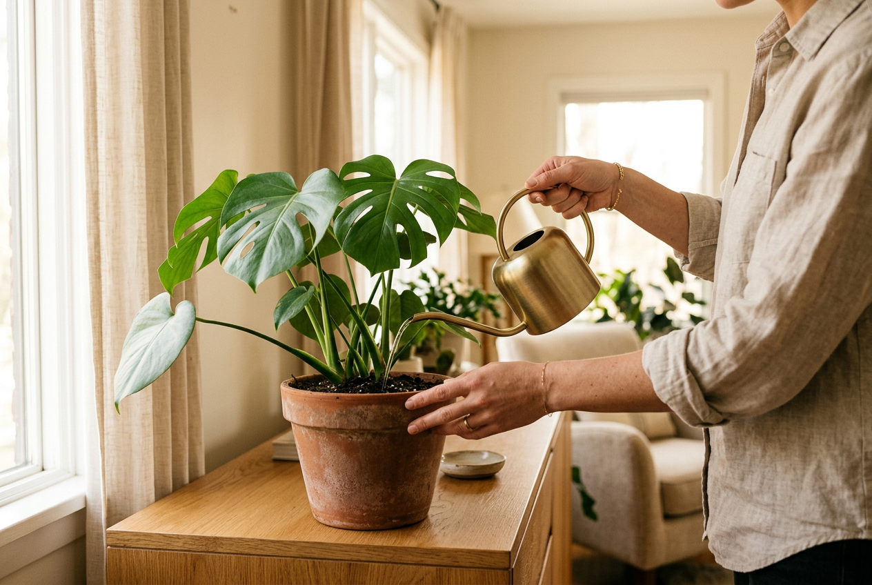 Metallic watering can pouring a fine stream into a healthy potted monstera