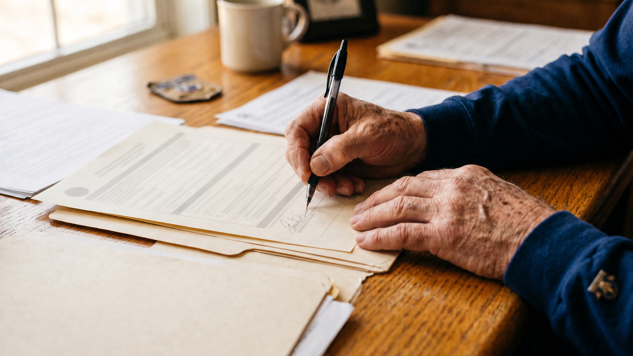 Close-up of a veteran signing VA Form 21-22a to appoint an accredited claims agent