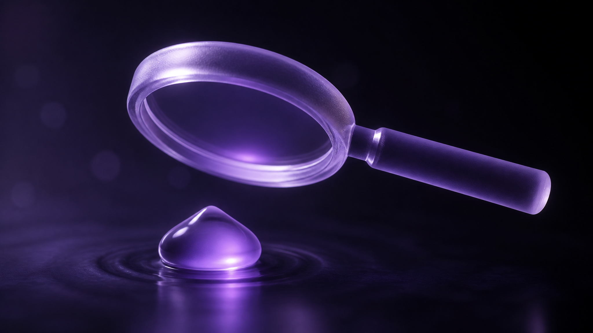 A violet frosted-glass magnifying glass hovering over a glowing water droplet in the dark