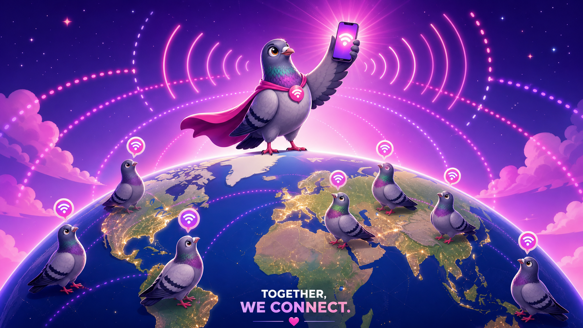 Pigeon standing on a globe holding a smartphone with signal waves radiating outward representing universal right to connectivity