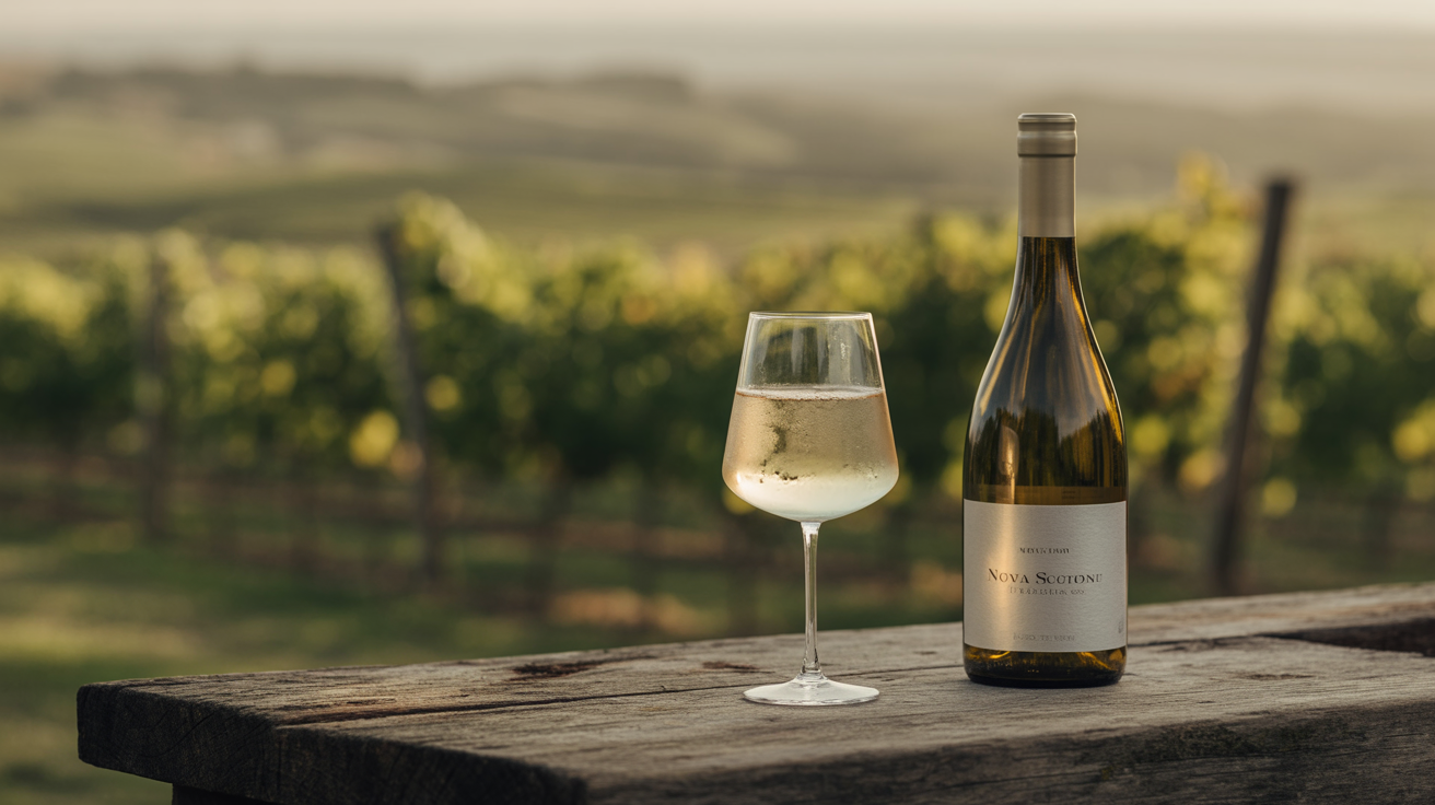 Wine glass on table with vineyard background