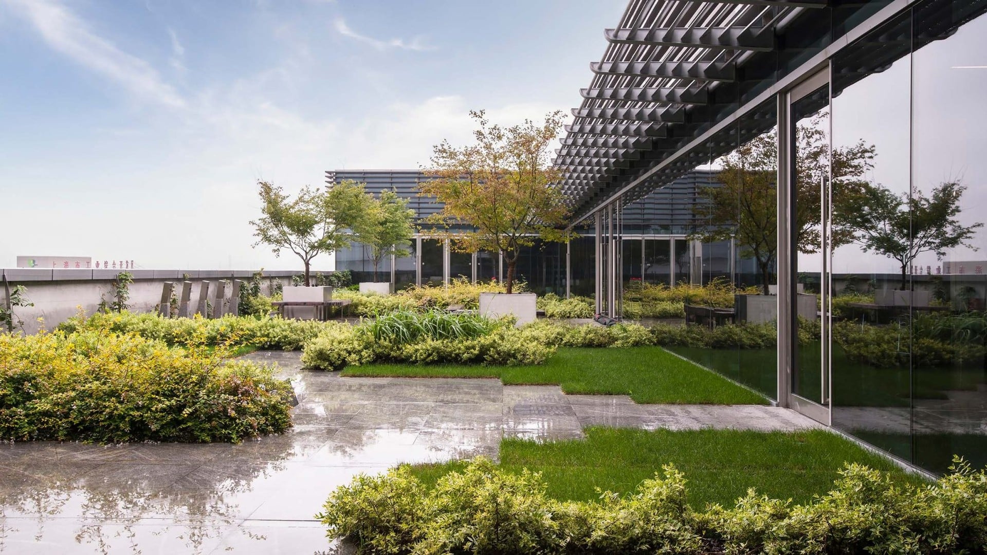 Modern sustainable green building with vegetation and EDGE certification standards
