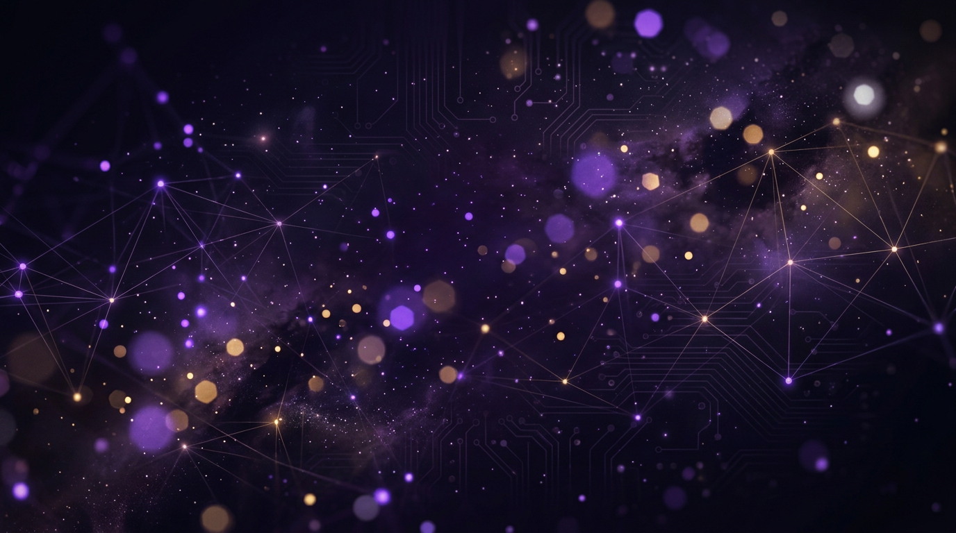 Abstract technology background with purple and gold particles