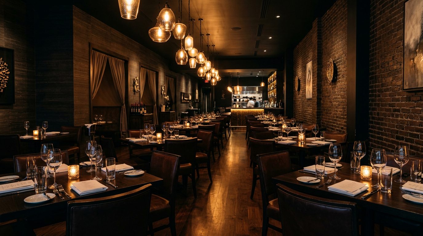 Interior elegante del restaurante Tizón Meats con iluminación cálida