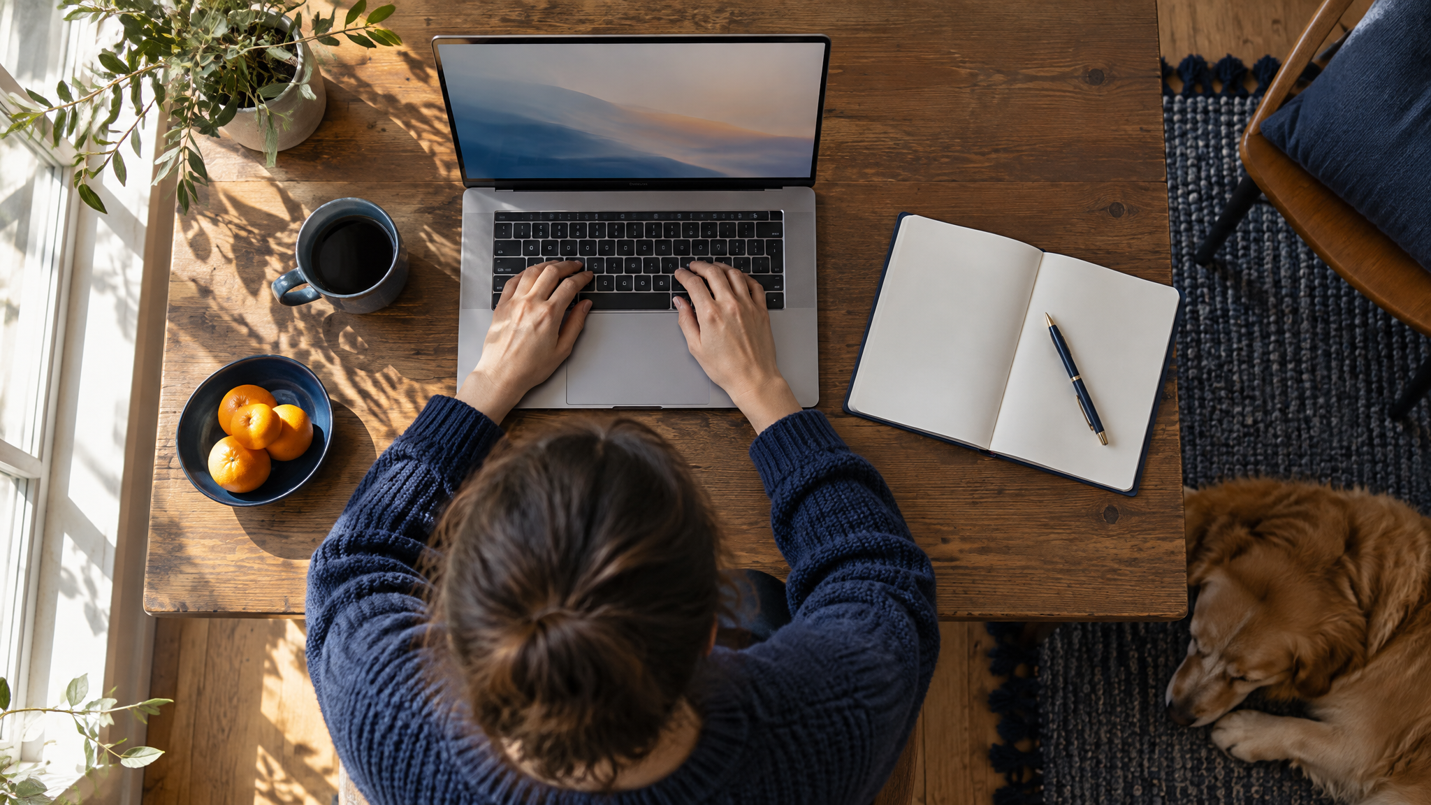 Vista aérea de pessoa trabalhando no laptop com caderno ao lado