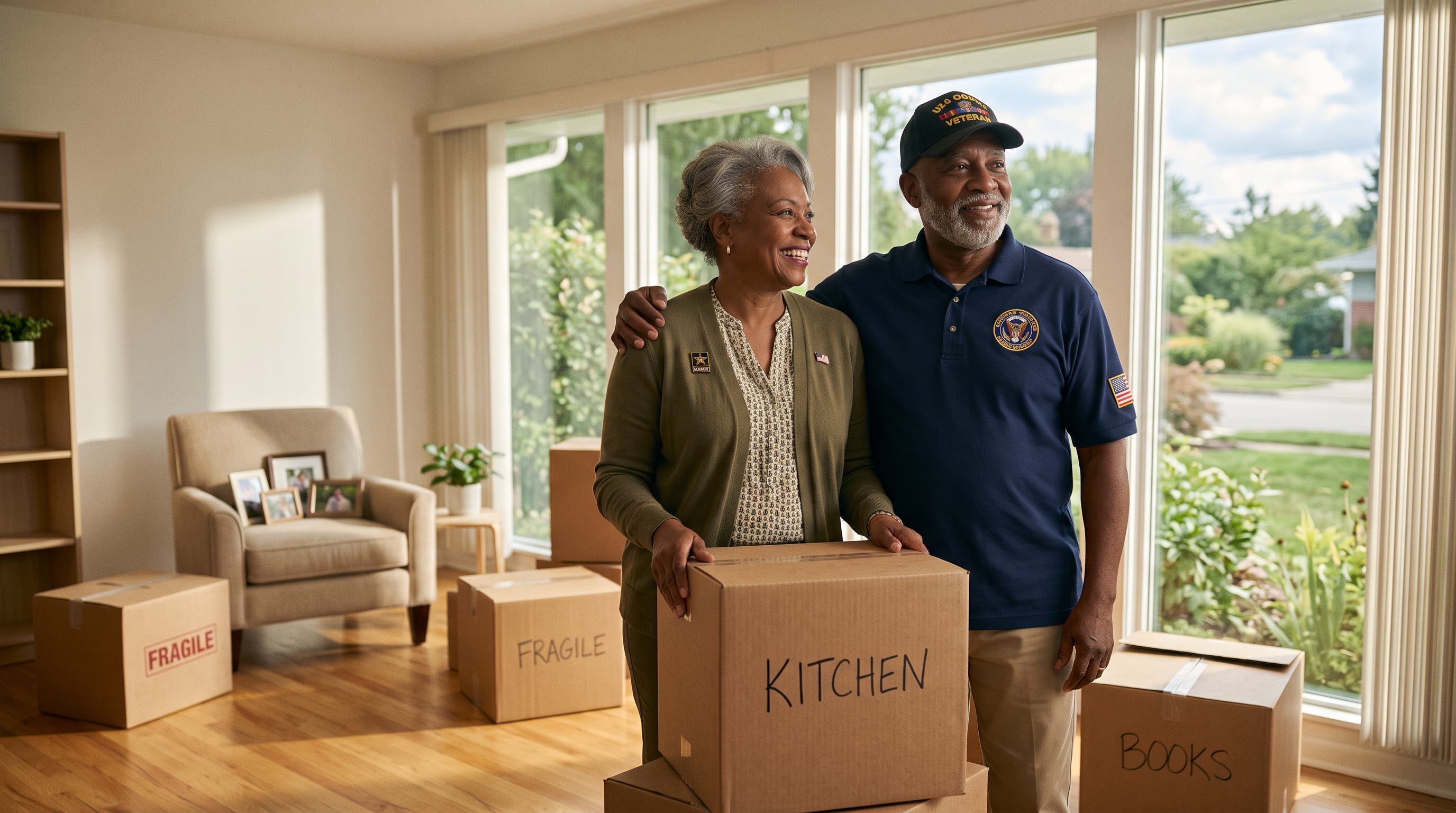A senior veteran couple standing among moving boxes in a bright, sunlit new home, looking optimistic about relocating