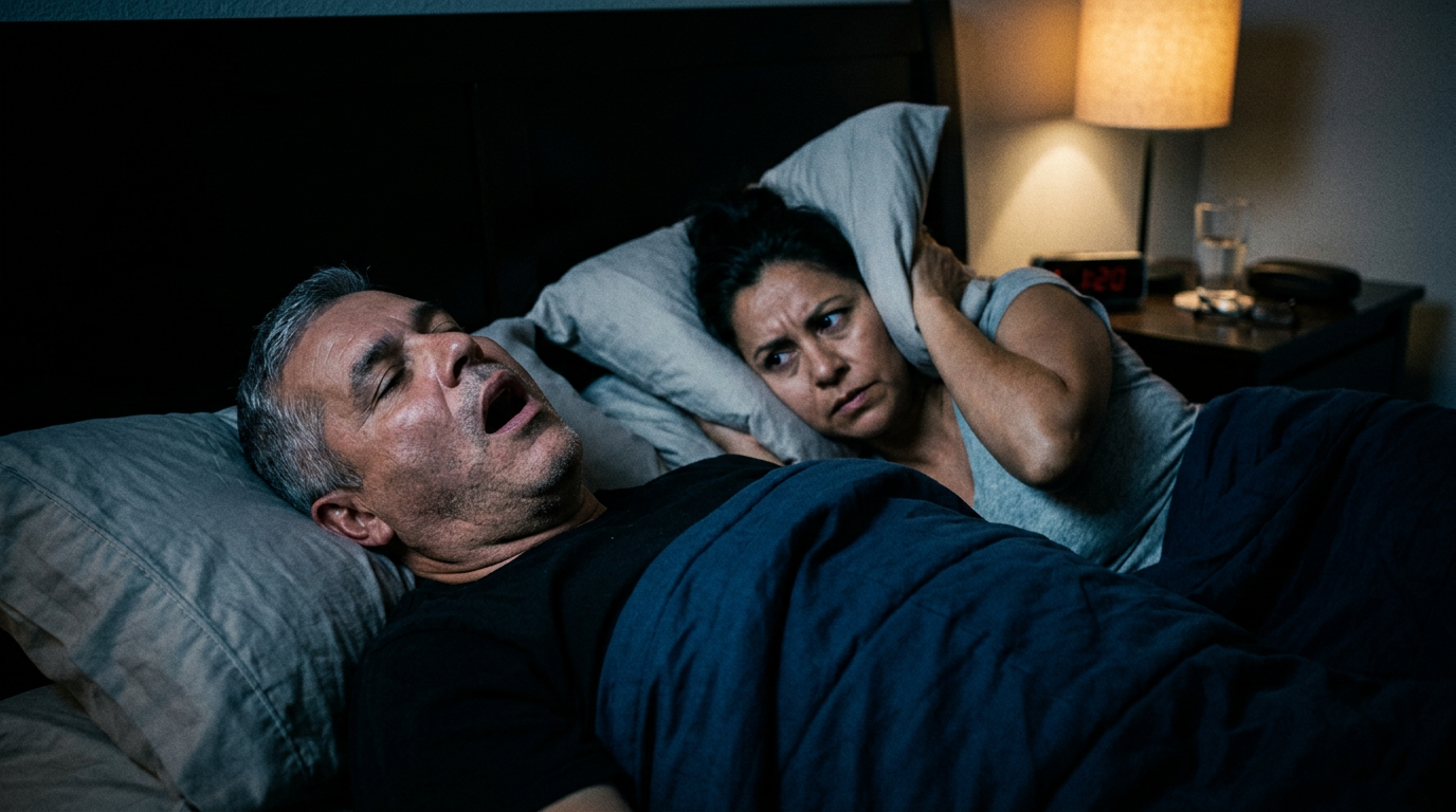A worried spouse lying awake in bed next to a snoring veteran, listening intently to the pauses in breathing during an apneic episode