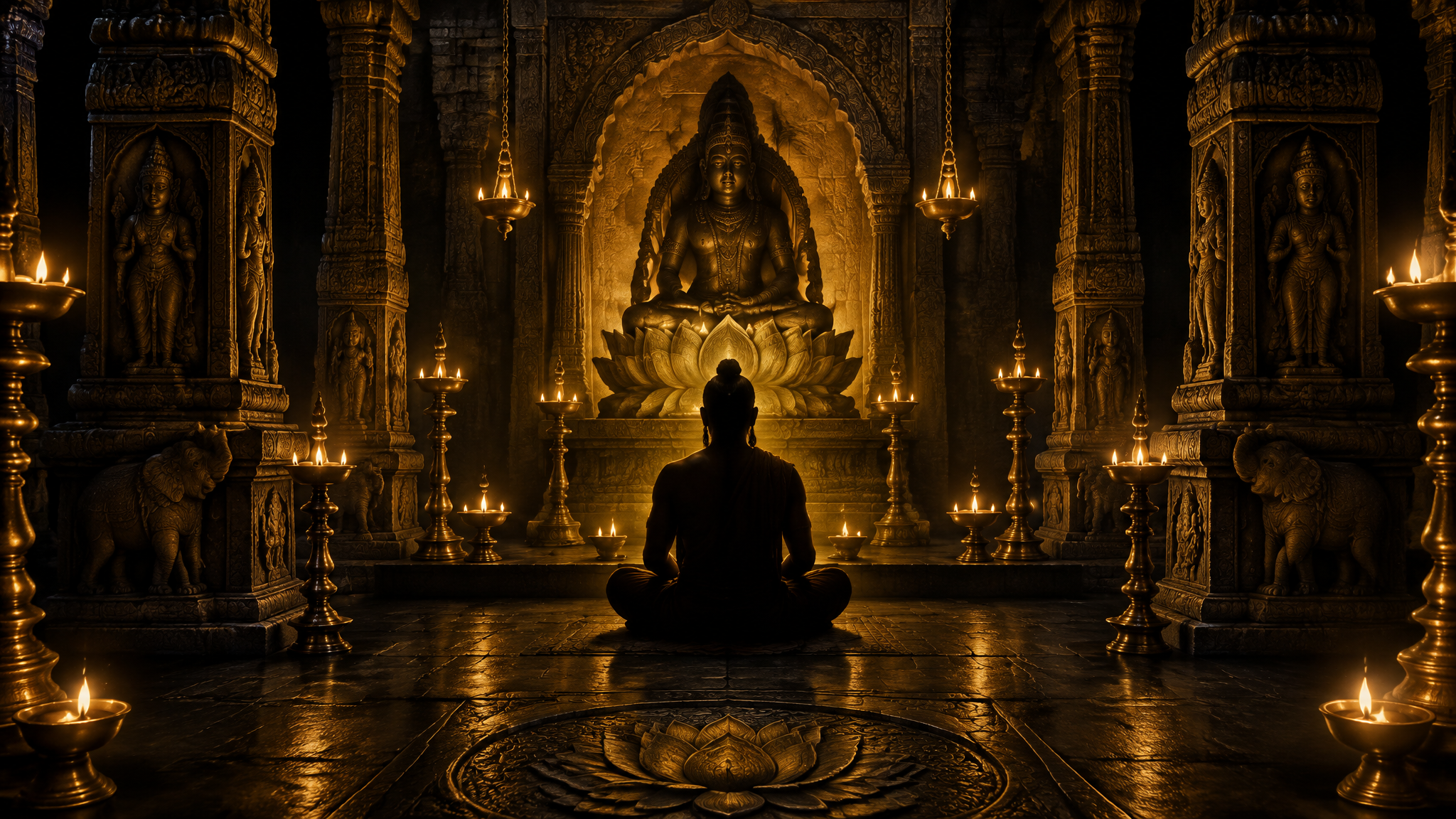 An ancient Indian temple sanctum with a meditating figure in silhouette among oil lamps