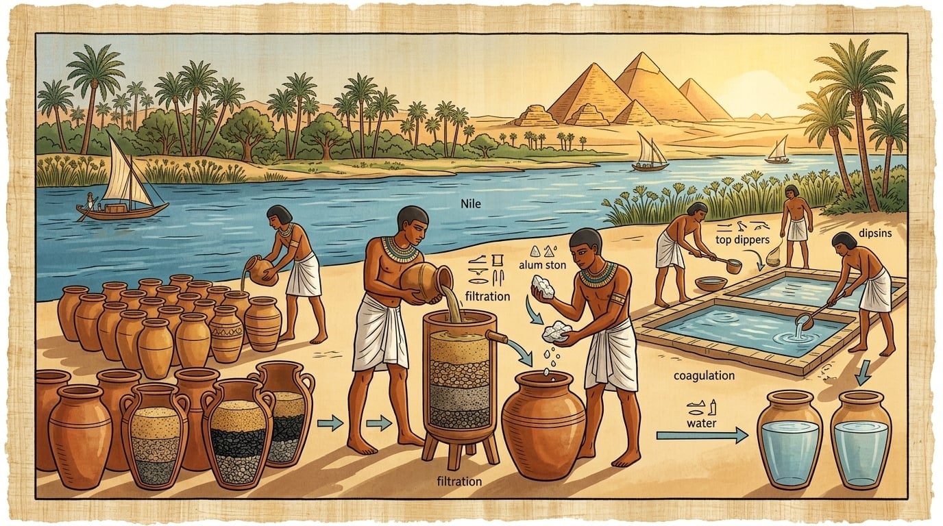 Ancient Egyptian water purification methods with clay vessels, sand filtration, and alum coagulation near the Nile