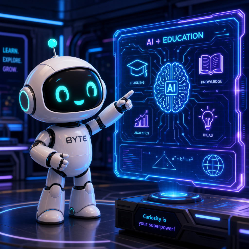 BYTE - AI robot mascot in teaching pose pointing at holographic display